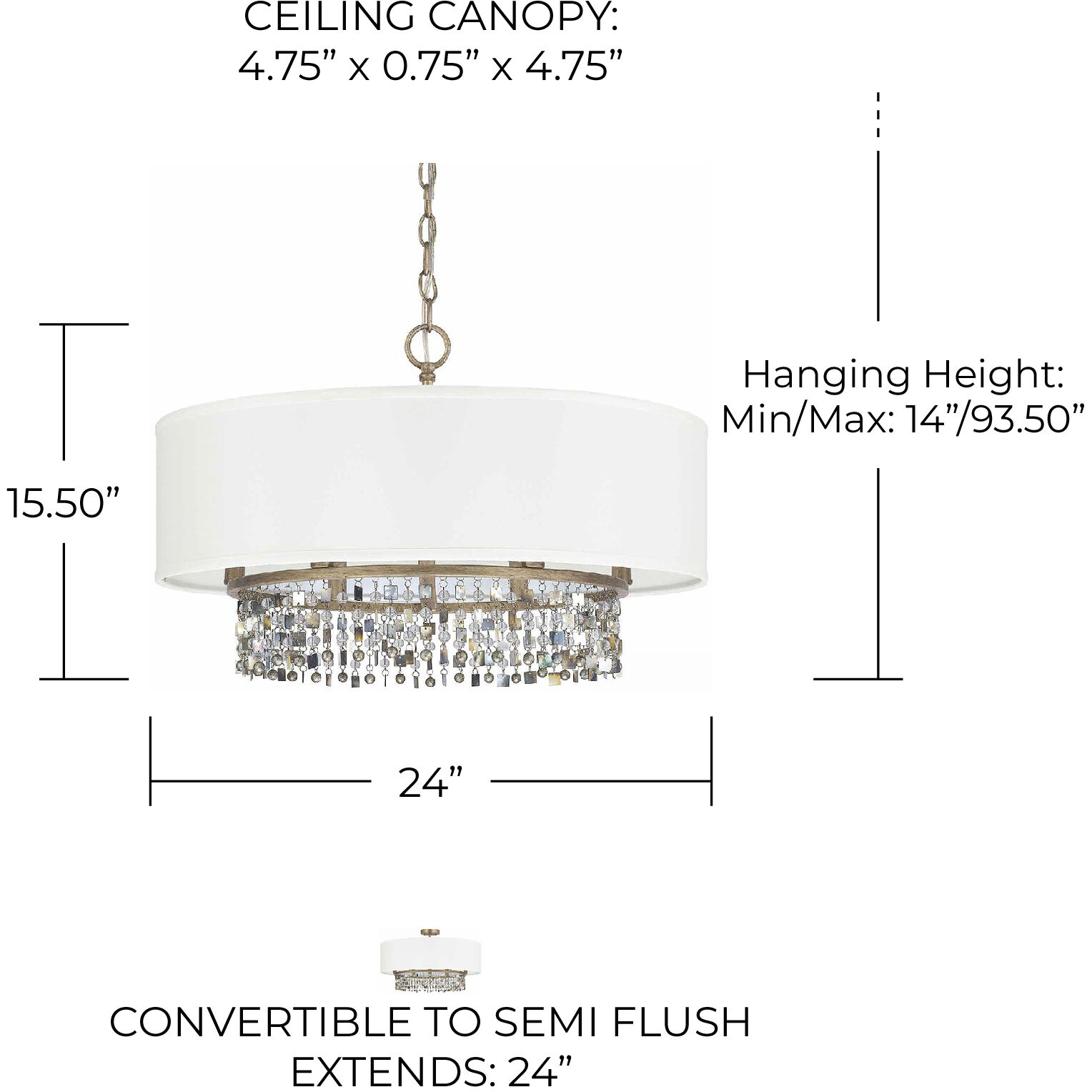 Ample 6 Light 24 inch Brushed Gold Pendant Ceiling Light, Convertible Dual Mount
